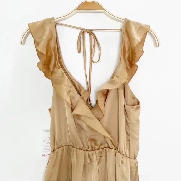 Show Me Your Mumu Samantha Ruffle Wrap Dress True Gold Luxe Satin Small‎ - Picture 5 of 12